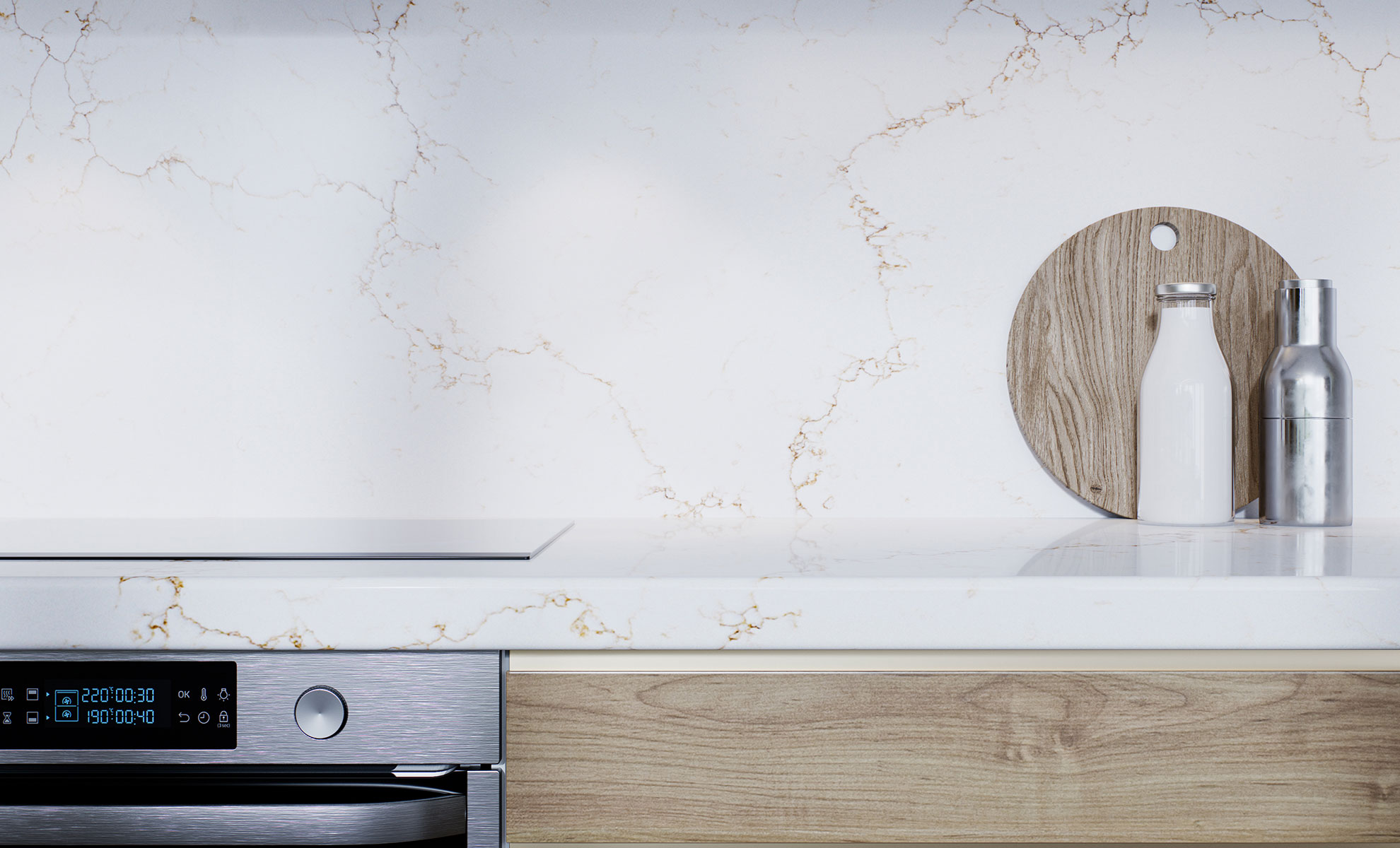 This kitchen features a beautiful countertop and backsplash. A round cutting board, a white glass jug and a cocktail shaker are placed against the backsplash.