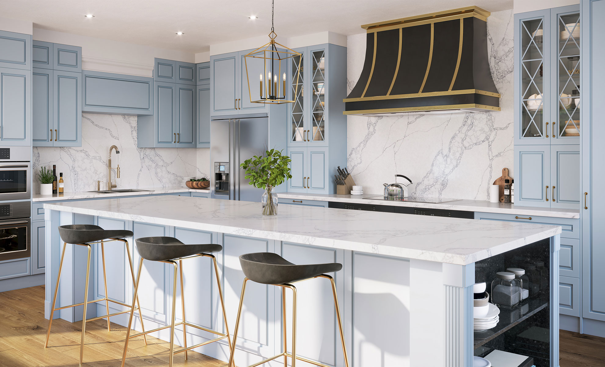 An airy kitchen featuring sleek quartz countertops with a subtle veining pattern.